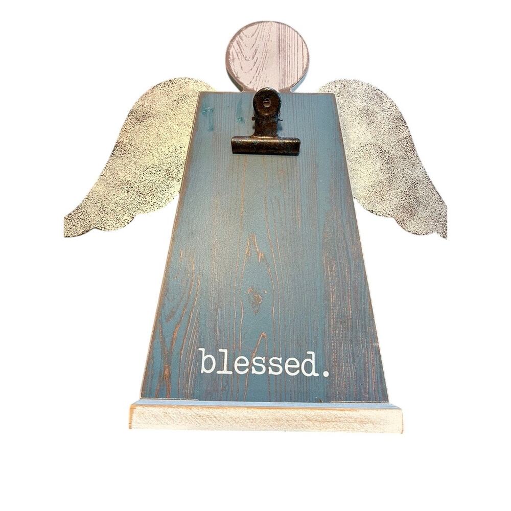 Rustic Wooden Angel Photo Holder Clipboard Blessed Farmhouse Wall Decor Blue